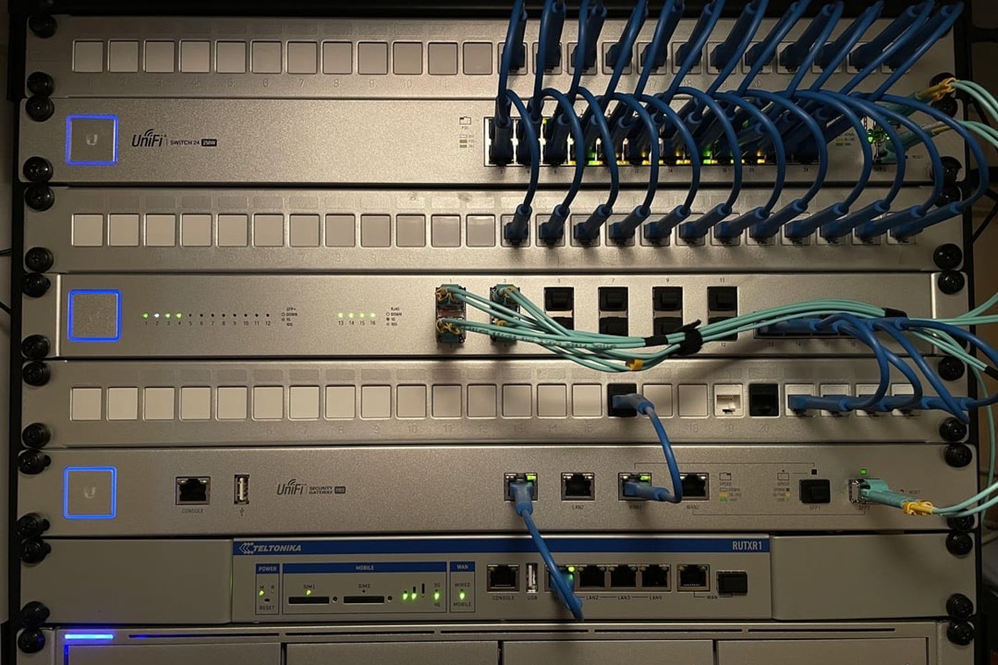 Network rack with a 24-port PoE switch, patch panels, aggregation switch, gateway, cellular router and NVR
